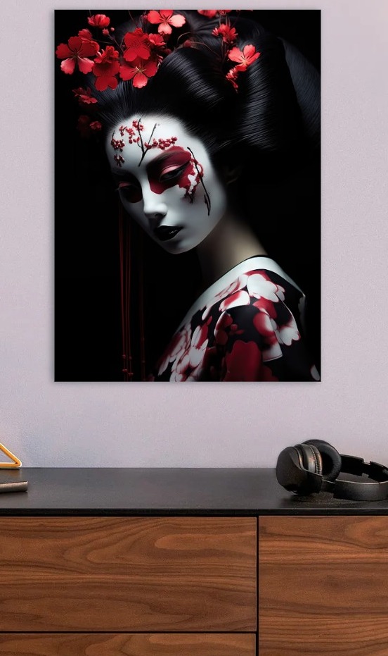 Geisha with Red Floral Makeup — metal poster wall art by Lineer
